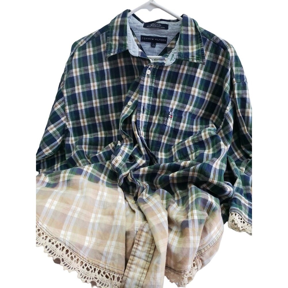 Upcycled Acid Washed Distressed Acid Dyed Tommy Hilfiger Flannel Shirt  Size L